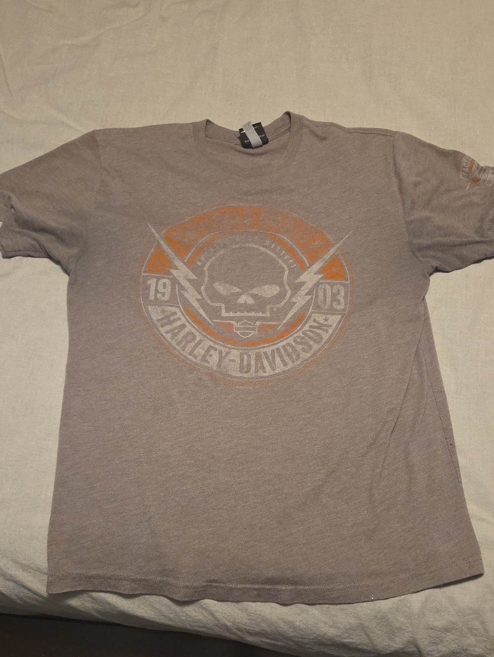 Harley-Davidson Brown Short Sleeve Tee with Orange Skull Emblem